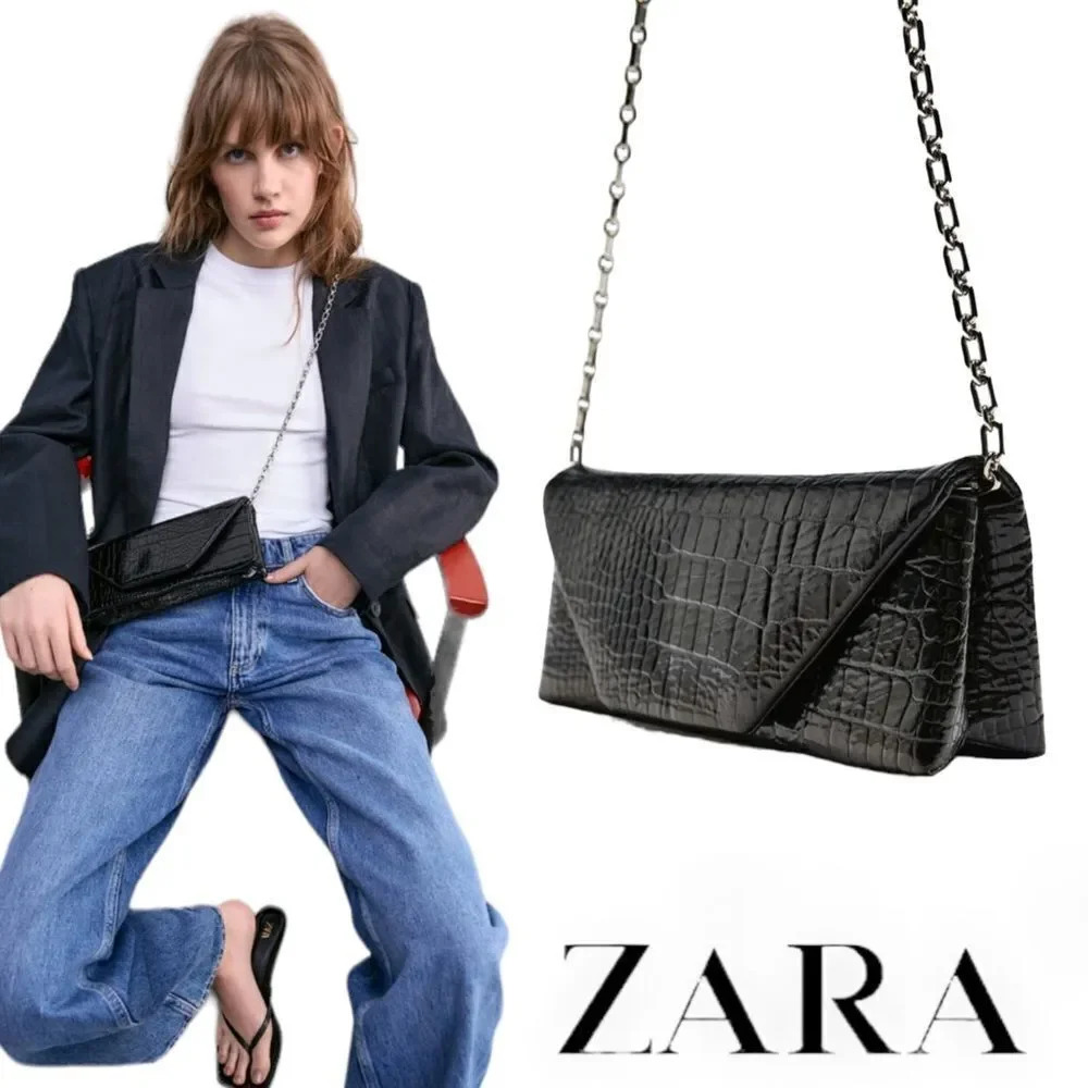 Zara Black Croc-Embossed Chain Shoulder Bag
